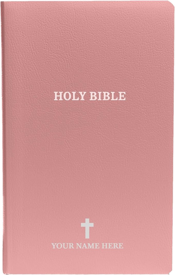 MerchSalad Personalized KJV Bible King James Version Faux Leather Holy Bible with Custom Name SMALL PRINT with Red-Highlighted Verses, Custom Gift for Christian & Religious Celebrations | Pink
