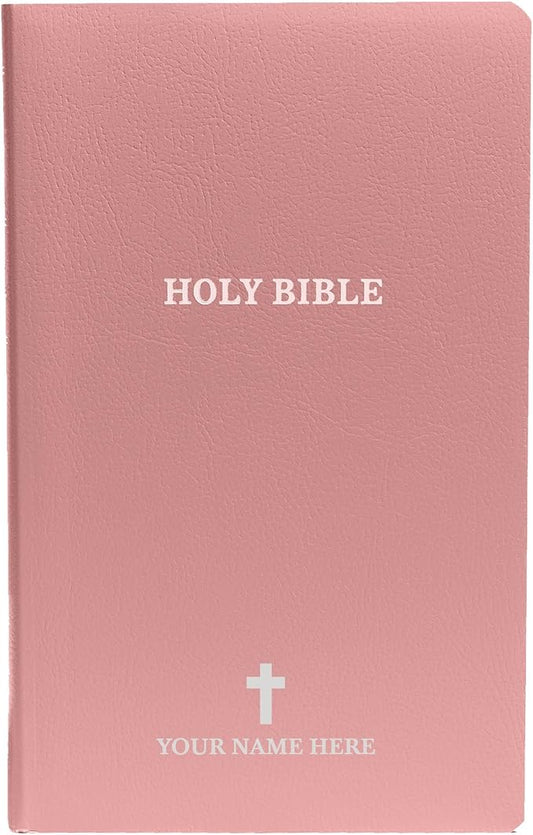 MerchSalad Personalized KJV Bible King James Version Faux Leather Holy Bible with Custom Name SMALL PRINT with Red-Highlighted Verses, Custom Gift for Christian & Religious Celebrations | Pink