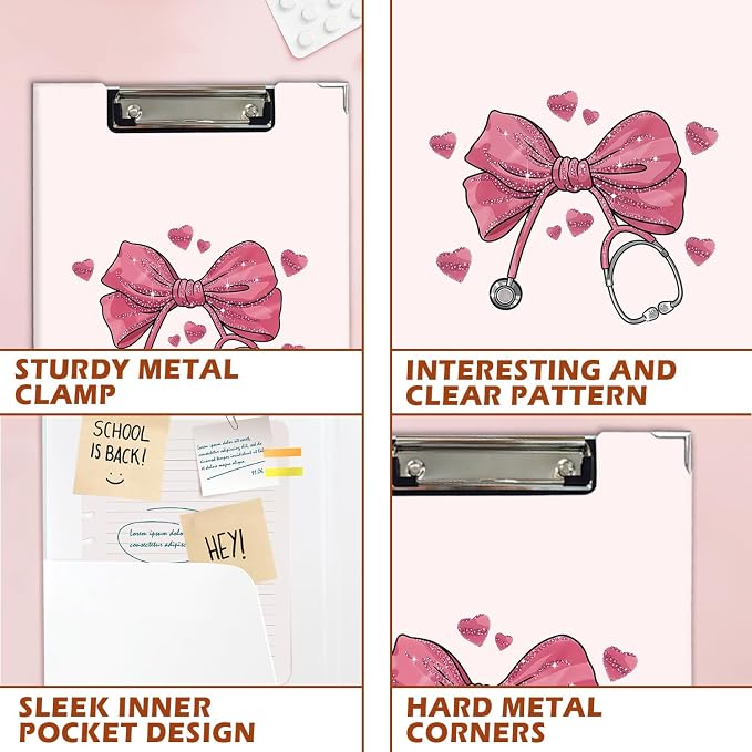 Lacama Coquette Bow Nurse Clipboard for Women, Pink Nursing School Essentials Office Supplies, Preppy Girly Project Folders with Metal Clip，Nurses Appreciation Week Gifts for Nurses Women,12.4x9.25 In