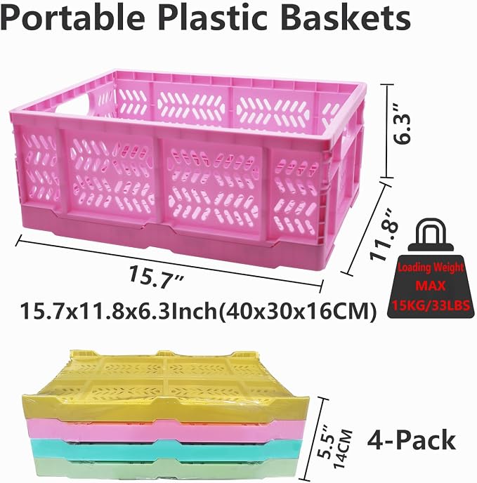 20L Folding Crate, 4Pack Plastic Storage Baskets Organizer for Home and Office,Collapsible Storage Crates for Home Office and Outdoor Organizer. (Mix Colors)