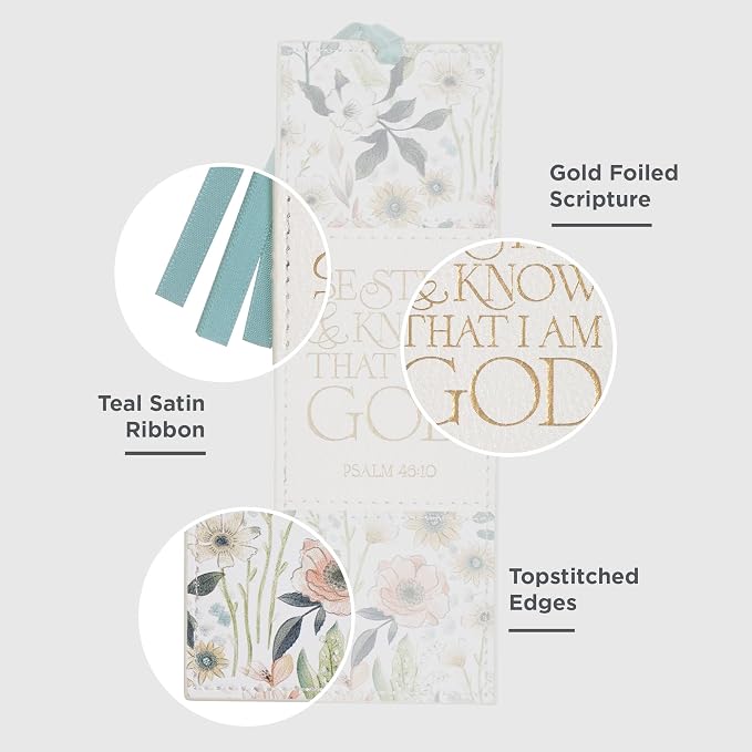 Christian Art Gifts Premium Inspirational Vegan Leather Scripture Bookmark for Women: Be Still & Know Encouraging Gold Bible Verse, Blue Satin Ribbon, Reading, Marking Pages, White Multicolor Floral