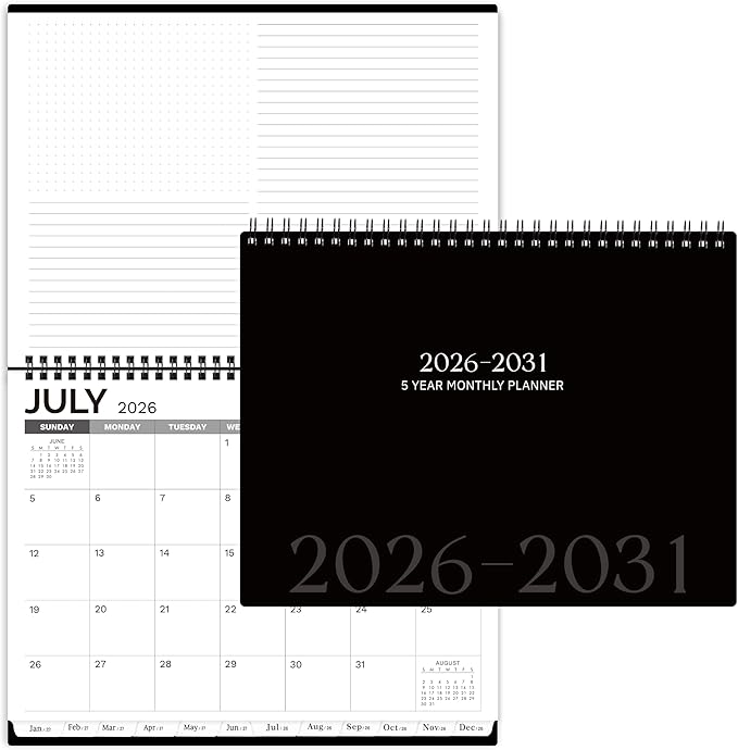 2026-2031 Monthly Planner - 5 Year Planner/Calendar, 9" x 11", 5 Year Calendar 2026-2031 Monthly Planners with Tabs, JUL. 2026 - JUN. 2031, Twin-Wire Binding, Double-Side Pocket - Waterproof Cover