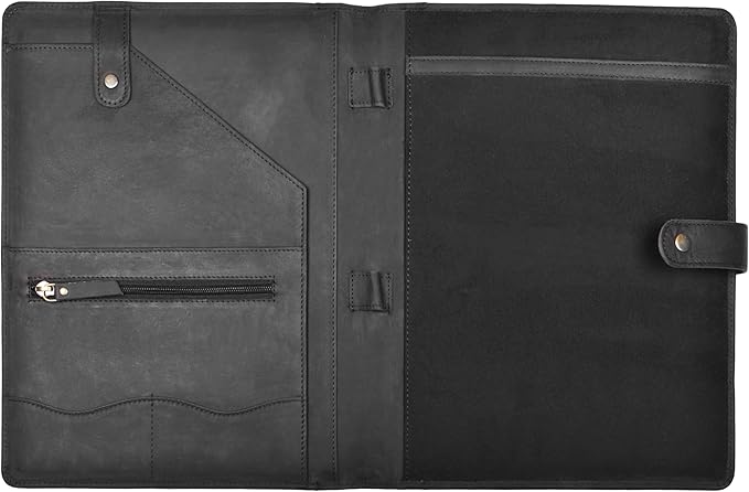 Genuine Leather Portfolio – Sleek Black Professional Organizer & Resume Folder, Antique Leather Business Document Padfolio with Writing Pad, Ideal Gift for Men & Women