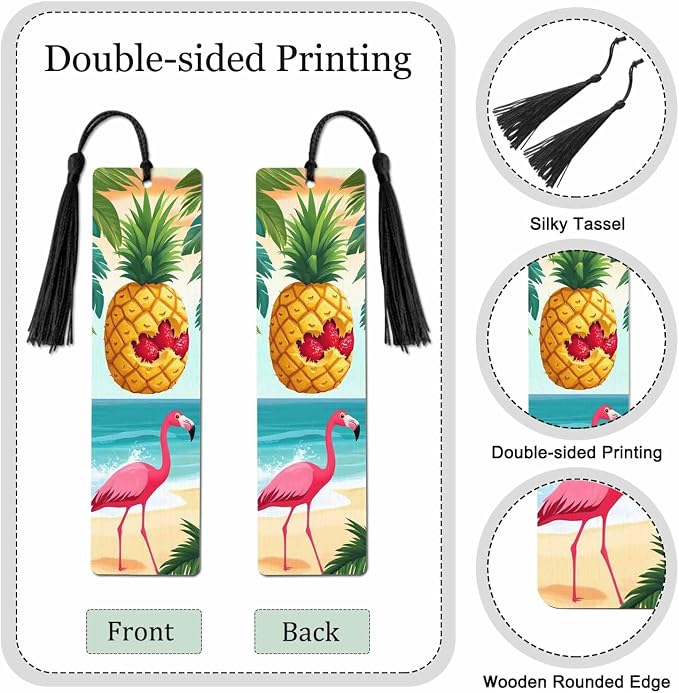 Fun Pineapple 5 Pcs Bookmarks Flamingo Palm Leaf Beach Summer Wooden Bookmarks with Tassel for Students Reader Teachers Book Lovers