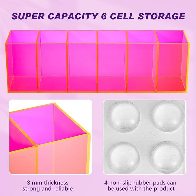 Juexica 2 Pack Acrylic Makeup Brush Holder 6 Compartments Pencil Organizer Cup Pencil Holder for Desk Pen Organizer Storage Box for Accessories Cosmetic Brushes Office Bathroom Kitchen Supply (Pink)