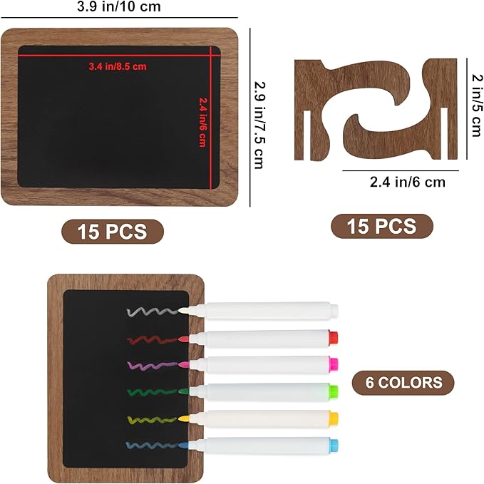 Temlum 15 Pcs Mini Chalkboard Sign with 6 Color Chalk Markers, 2.9″ x 3.9″ Wooden Blackboard Reusable Small Chalkboards for Food, Buffet, Parties, Message Boards, Table Numbers (Rectangular)