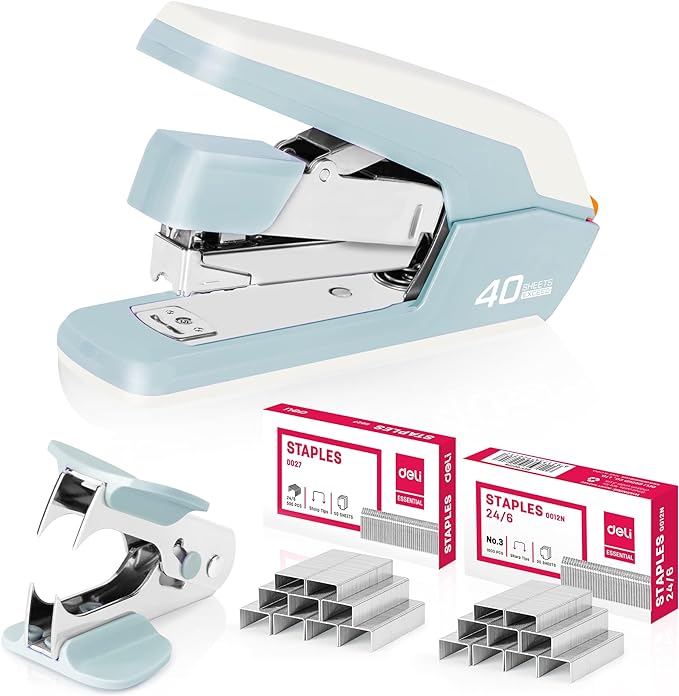 Deli Effortless Desktop Stapler, Heavy Duty Stapler, 40-50 Sheet Capacity, One Finger, No Effort, Includes 1500 Staples & Staple Remover, Blue