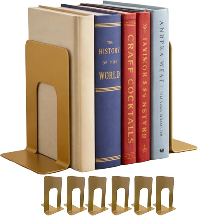 Alessk Dark Matte Gold Bookends for Shelves, Heavy Duty Metal Bookends Supports Heavy Books, Decorative Gold Stops for Home or Office Decoration - 3 Pairs (6 Pieces).