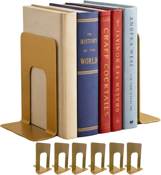 Alessk Dark Matte Gold Bookends for Shelves, Heavy Duty Metal Bookends Supports Heavy Books, Decorative Gold Stops for Home or Office Decoration - 3 Pairs (6 Pieces).