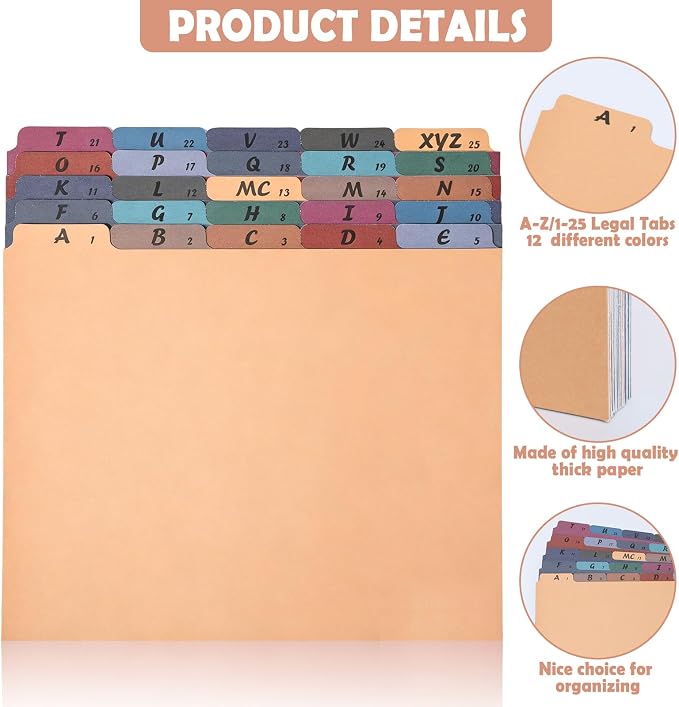 1 Set 25 Alphabet File Dividers A-Z Top Tab File Guides Letter Size 1/5 Cut Tab Manila Alphabetical Files Organizer Filing Cabinet Dividers for Work Office Home School Desk Organizer(Business Color)