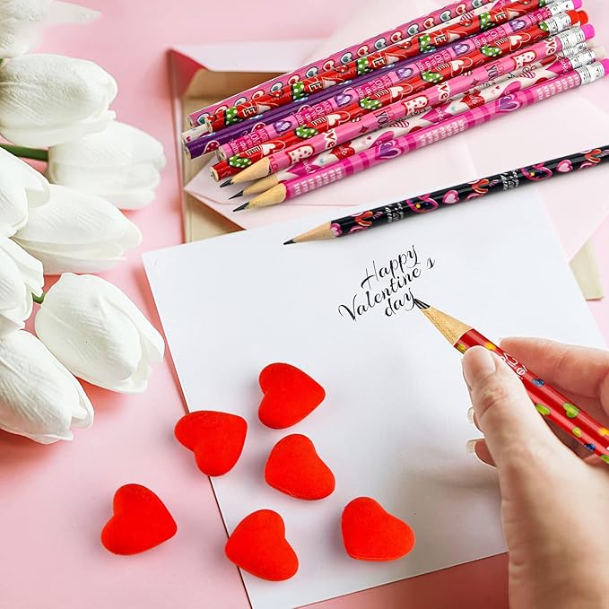 300 Pieces Valentine's Day Pencils for Kids Assortment Cylinder Wood Pencils Bulk Cute Pencils with Erasers for Kids Valentine's Day Party Office School Supplies(Valentine')