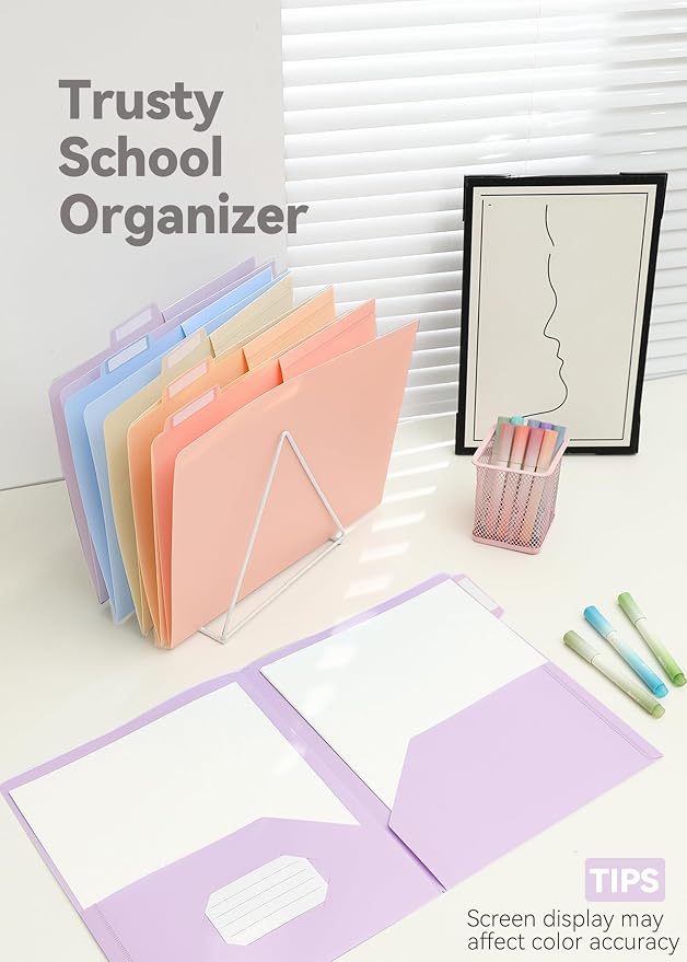 SortRax Plastic Folders with Pockets, 6 Pack Purple Folders for School, Unique 1/3 Cut Tabs with Colorful Labels, Letter Size