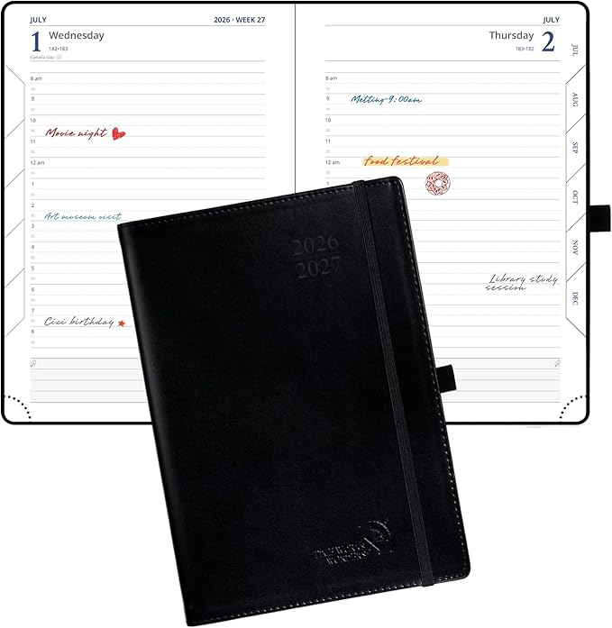 POPRUN Daily Planner 2026-2027 One Page per Day, (A5 Size 5.7" x 8.5") Academic Planner (July 2026 - June 2027) Hourly Appointment Book with Vegan Leather Hardcover, Monthly Tabs & Inner-pocket - Black