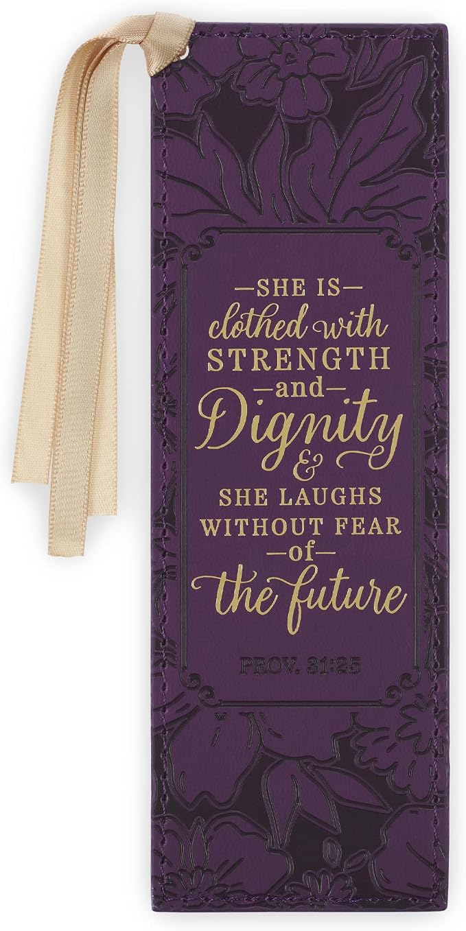 Christian Art Gifts Premium Vegan Leather Inspirational Scripture Bookmark for Women: Strength & Dignity Encouraging Bible Verse, Heat-Debossed Florals, Satin Ribbon for Books & Bibles, Purple & Gold