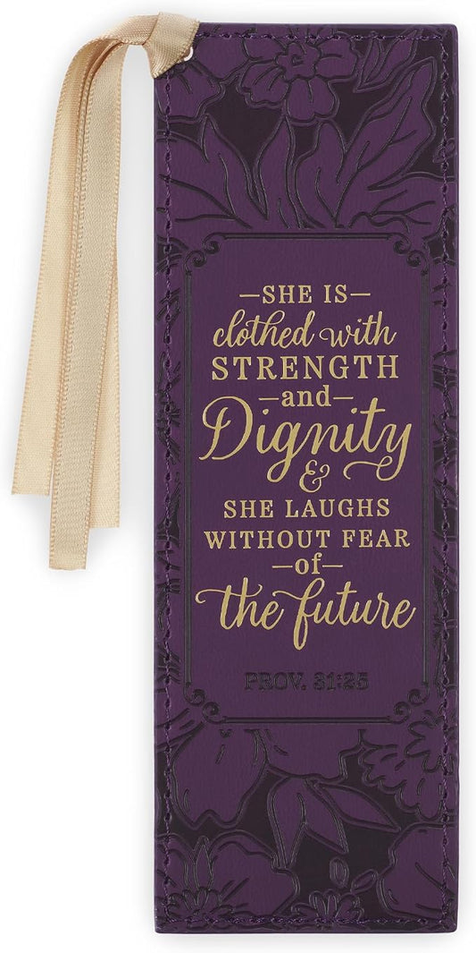 Christian Art Gifts Premium Vegan Leather Inspirational Scripture Bookmark for Women: Strength & Dignity Encouraging Bible Verse, Heat-Debossed Florals, Satin Ribbon for Books & Bibles, Purple & Gold