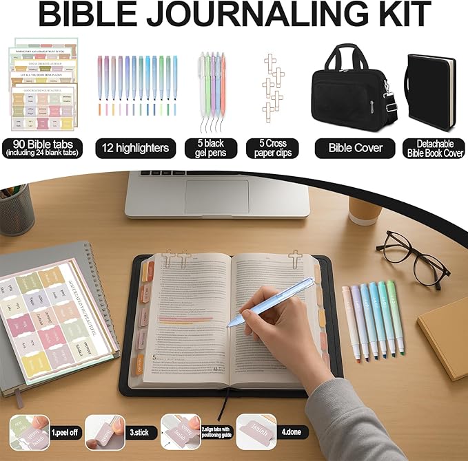 Bible Cover Case for Men Women with Highlighters Tabs Pens Cross Clips Large Church Bag with Zippered Pocket and Handle, Bible Study Supplies Bible Journaling Kit Book Carrying Case (Black)