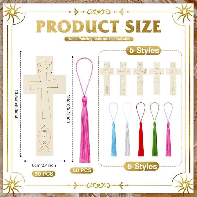 AmazingSpark 100 Pcs Christian Cross Coloring Bookmarks Bulk Wooden DIY Crafts, 50 Set Religious Bookmarks with Tassel for Church Gift, Sunday School, Baptism, First Communion Party Favors