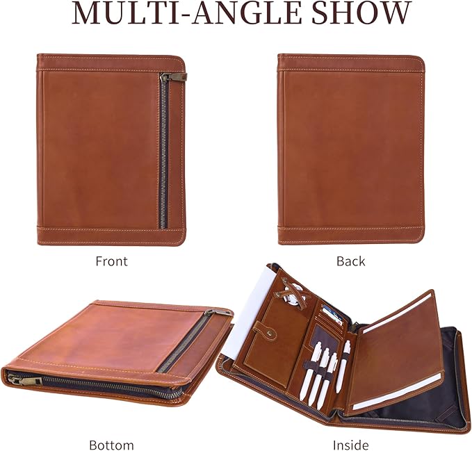Genuine Leather Professioal Business Portfolio Padfolio Folder with Zipper, Conference Meeting Executive File Legal Document Organizer for Men, Work Portfolio for Meeting and Travel—Brown
