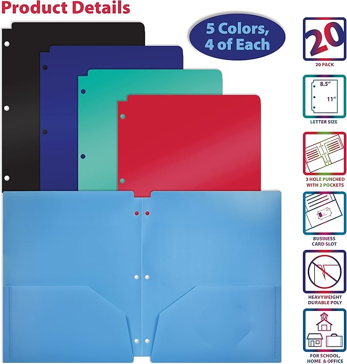 Better Office Products 3 Hole Punch Pocket Folders, 20 Pack Bulk Folders, Sturdy Plastic 2 Pocket Folders, Assorted Primary Colors, Letter Size, with Business Card Slot, 20 Count