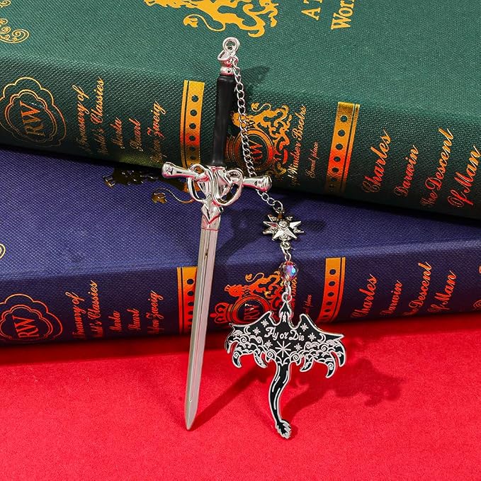 Fantasy Fourth Wing Sword Bookmarks, Flying Dragon Metal Bookmark with Pendant, Book Mark for Reading Women Men Couple Book Accessories,Reading Supplies for Book Lover (Stegosaurus B)