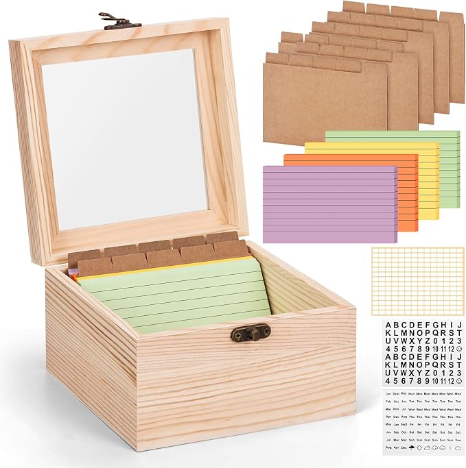 Index Card Organizer with Dividers, Index Card Box 3x5 with Clear Lid, 100 Pcs Flash Cards, 30 Dividers, 1 Blank Sticker, 1 Letter Sticker and 1 Weekly Stickers