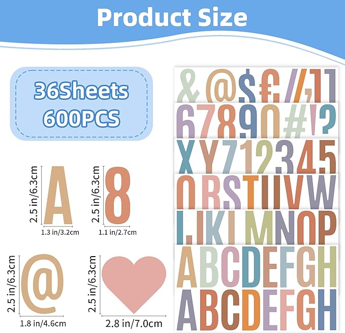 600Pcs Pastel Vinyl Letter Stickers, 36 Sheets, 2.5inch, Alphabet, Number, Symbols, Bulletin Board, Poster Board, Classroom Decor
