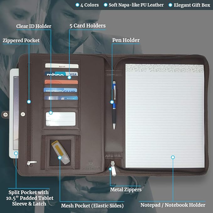 Customized Leather Portfolio Padfolio - Name/Logo Printed on Dark Brown Personalized Faux Leather Business Portfolio Binder & Organizer Folder with 10.5 Inch Tablet Sleeve