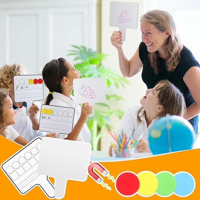 Seajan 6 Pcs Magnetic Paddle Set Education Dry Erase Double Side Handheld Answer Board with Counters Discs Phonemic Awareness Phonics Games Toy for Students Kids (Black)