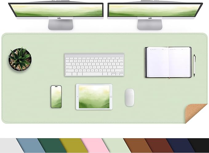 AFIING Leather Desk Pad Protector, Large Desk Mat with Natural Cork & PU Leather, Mouse Pad, Non-Slip, Waterproof Desk Writing Pad for Office and Home, Light Green