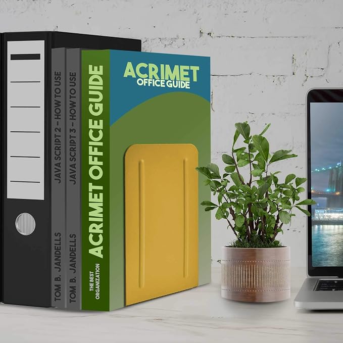 Acrimet Bookends for Shelves, Non-Skid Book Holder, Heavy Duty Book Stopper, Steel Metal Book Ends Storage for Home, Library, 6 7/8" H x 4" W x 4 1/2" D (Yellow) (1 Pair / 2 Pieces)