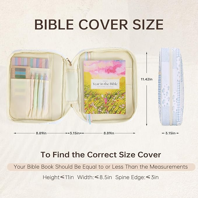 Bible Cover Case for Women Large Bible Cover Bag Quilted Bible Carrying Case for Girls Bible Study Supplies Accessories Christian Gifts for Women (Blue Gingham, Large)