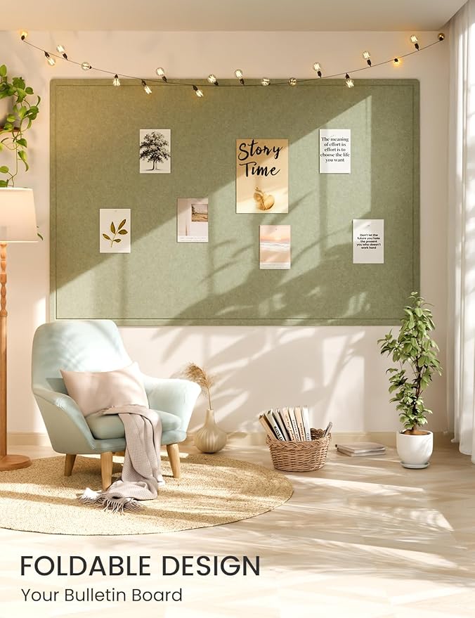 Fluxynara Large Bulletin Board, 70.8" x 47.2" Cork Board Alternative with 48 Safe Removable Adhesive Tabs, Foldable Felt Pin Board for Home Office, Classroom, Bedroom,Entryway for Walls—Sage