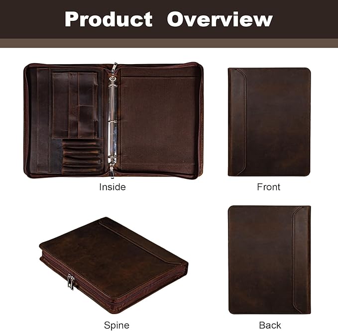AZXCG Genuine Leather Portfolio Binder for Men& Women,Padfolio Organizer with Zipper,Padfolio Folder for iPad Pro 12.9/ Letter Size Notepad,Business Executive Gift for Men,Gift for Valentine's Day