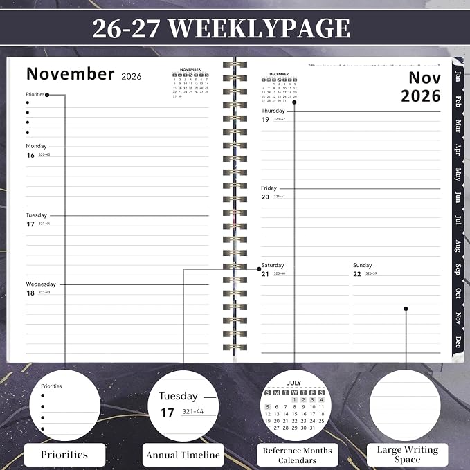 2026-2027 Planner, 12 Months Monthly & Weekly Daily Planner July 2026 - June 2027, 8.5" x 6.2" Hardcover Agenda Organizer with Tabs, Spiral Bound Calendar Notebook for School Work Home, Floral Design (Black & Gilded)