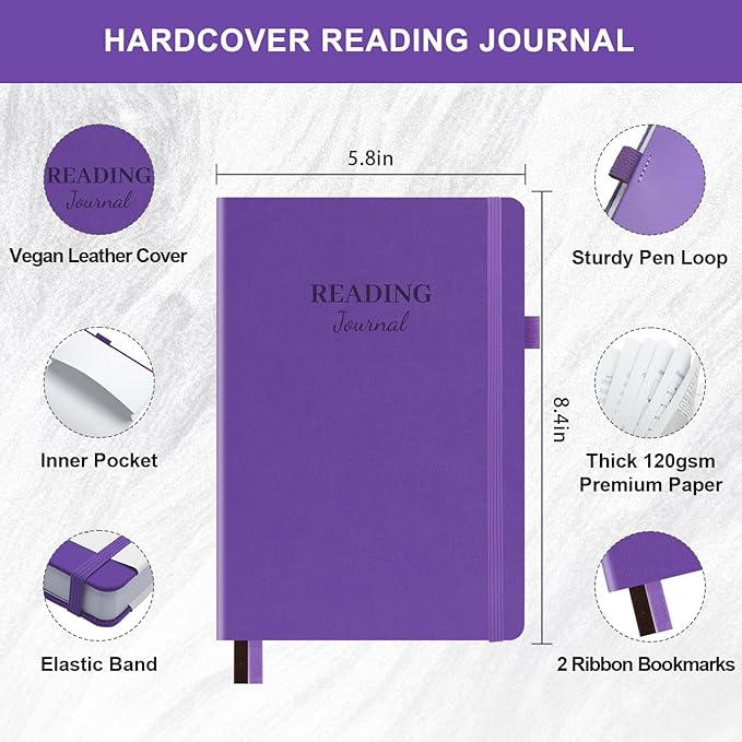 Reading Journal with 104 Book Reviews, Book Journal for Books Lovers & Readers - Review and Track Your Reading Progress, Reading Log Notebook Gift, A5, Purple