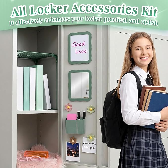 Colarr 16 Pcs Dark Green Locker Accessories for Girls Includes Magnetic Whiteboard & Mirror Locker Shelf Pen Holder 2 Dry Erase Marker & Eraser 9 Flowers for Back to School Essentials Decoration