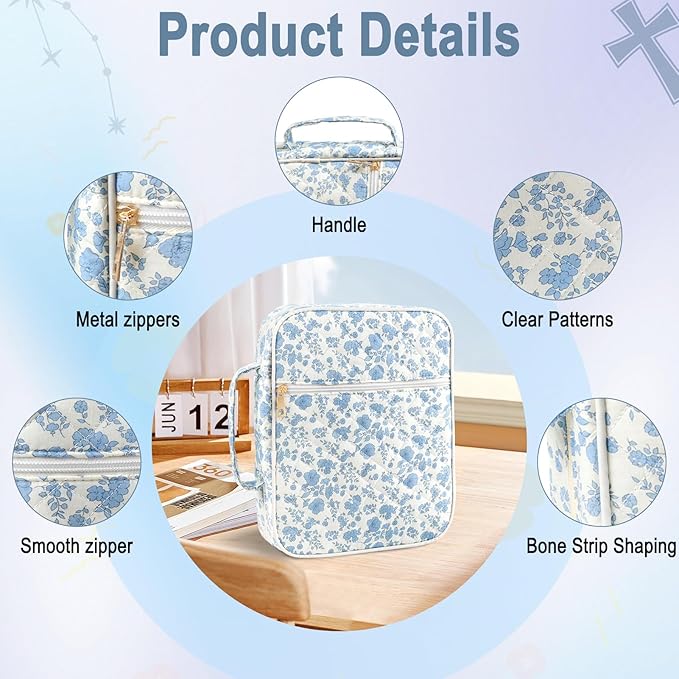 Zkptops Bible Cover Case for Women Girls Large Bible Bag Blue Cotton Quilted Floral Bible Carrying Case with Zipper Pocket and Handle Carrying Book Cover for Christian Study Supplies Christian Gift