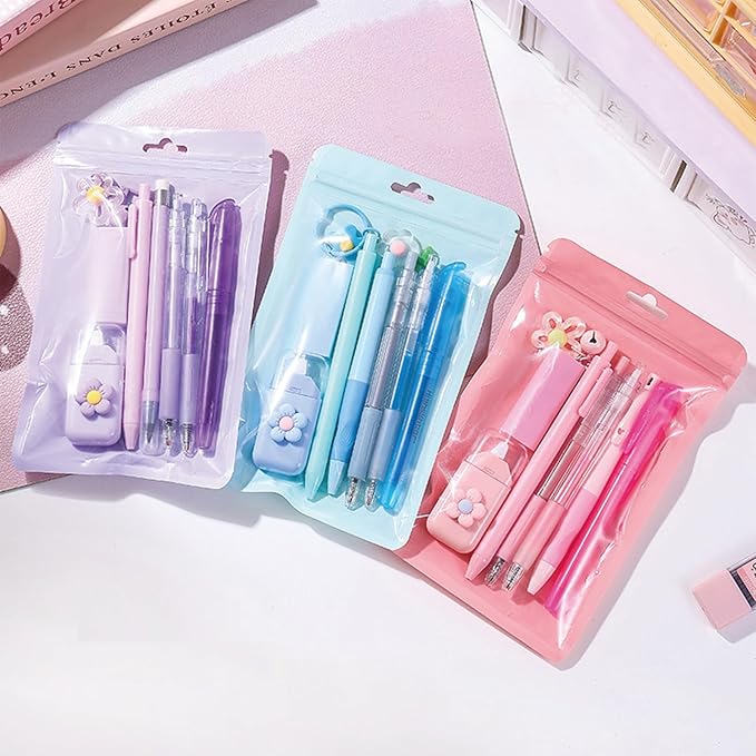 MOZXIRZ 8 Pcs Cute Blue Stationery Set for Girls Boys Women Back to School Supplies Office Supplies Kawaii Candy Colors Stationery Gift Including Pen Pencil Highlighter Eraser (Blue)