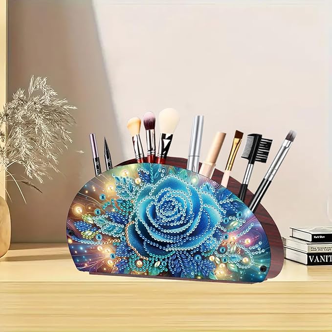 Remote Control Holder with 4 Compartments, DIY Diamond Art Painting Wooden Half Moon TV Control Holder for Remote Controllers, Office Supplies, Makeup Brush, Media Accessories-Blue Rose