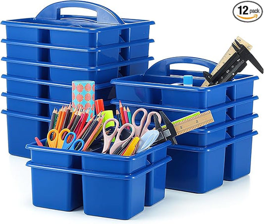 Threehoney 12 Pack Classroom Caddy Storage Basket with Handle 3 Compartment Plastic Storage Caddy Bulk for Arts Office Crafts Pencil Crayon Marker School Supplies(Blue)