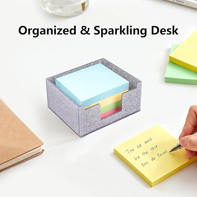 Silver Sparkling Sticky Note Holder, Glitter Acrylic Organizer, 3.94 x 3.94 in Multi-Use Tray for Office, School & Home Desk