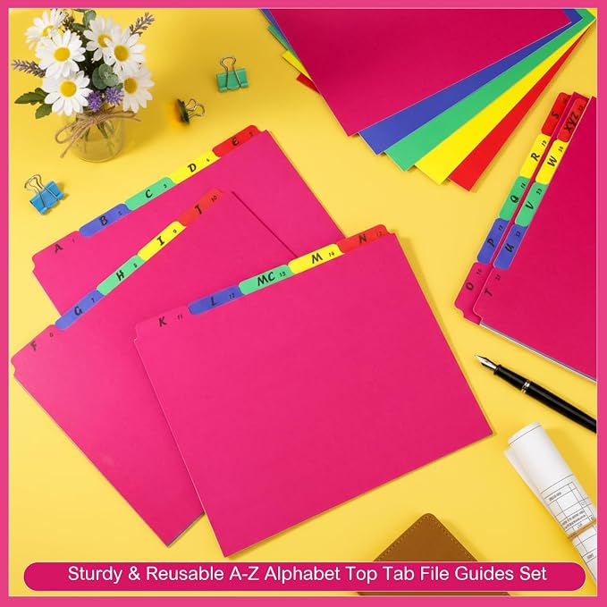 1 Set 25 Pack Alphabet File Dividers Letter Size, 1/5 Cut Tab A-z File Guides Number Folder Organizer for Filing Cabinet and Desk Home Office School(Bright Colors)