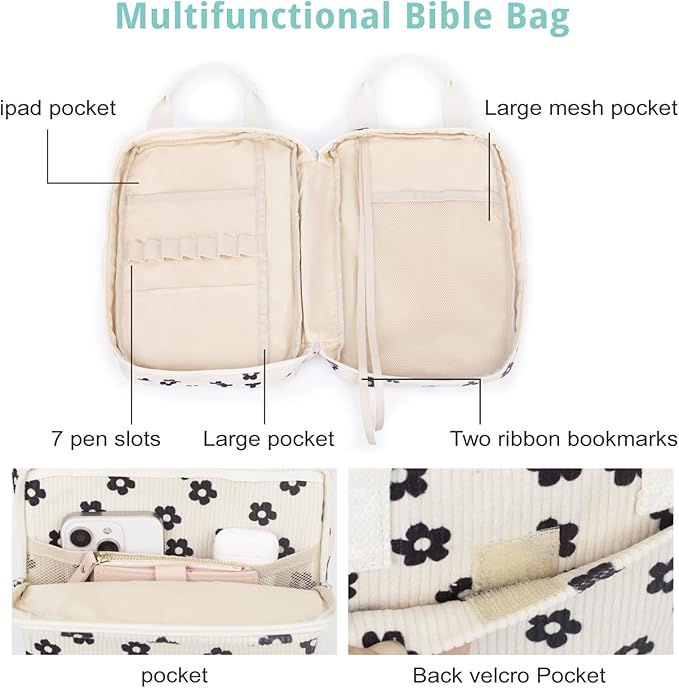 Bible Cover for Women, Bible Case,Carrying Bible Bag Scripture Case Church Bag Bible Protective with Font & Back Zippered Pocket