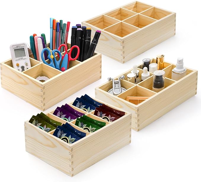 Yopay 4 Pack Wood Organizer Caddy, 6 Compartment Pen Holder Caddy, Stackeble Tea Bag Organizer Sugar Packet Holder for Art Supplies, Makeup Brushes, Phones, Home, Office, Coffee Bar, Desktop