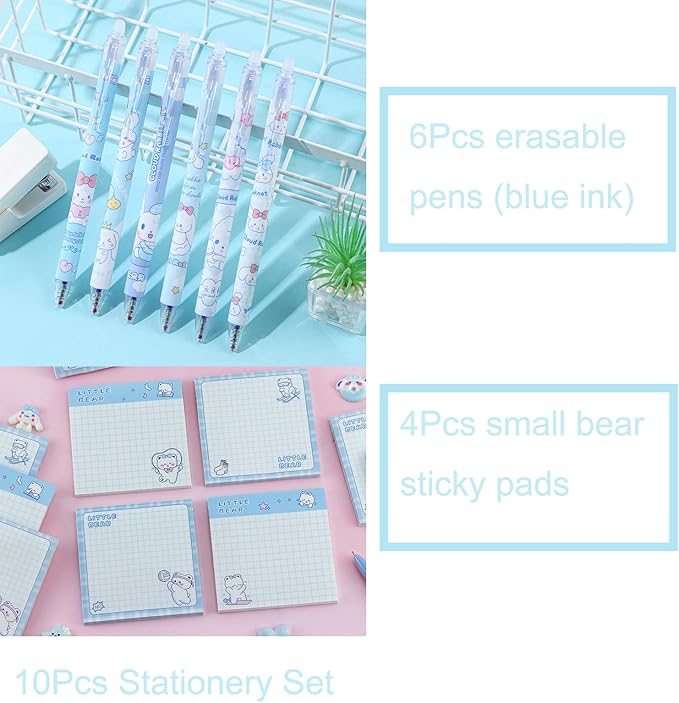 10 Pcs Stationery Set, 6Pcs Cute Erasable Gel Ink Pens Blue Ink & 4 Pcs Kawaii Sticky Notes,Gifts for Students Party Office School Supplies