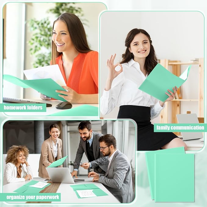 Gueevin 200 Pack Plastic Folder with Pockets, 2 Pocket Folders, Plastic Glossy Folders Fit Letter Size Paper, Heavy Duty Durable File Folder with Business Card for Home Office School (Bright Green)