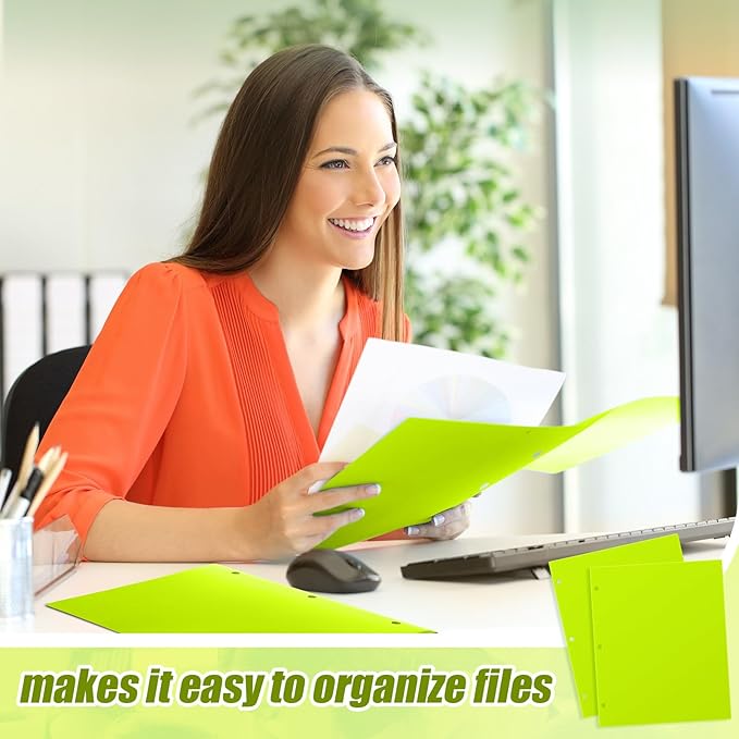 Yeaqee 50 Pcs Plastic Folders with Pockets Bulk 3 Hole Punched 2 Pocket File Folders for 3 Ring Binder Divider Folder for Notebooks, Durable Poly for Office Home (Fluorescent Green)