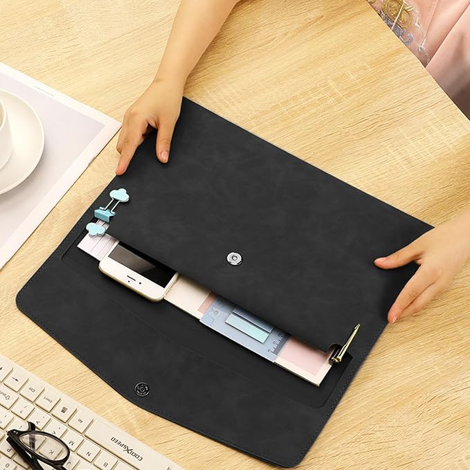 PU Leather Document File Folder,Thin A4 Folder Envelope File Organizer Storage Bag, Receipt Contract Case with Magnetic Closure (Black)