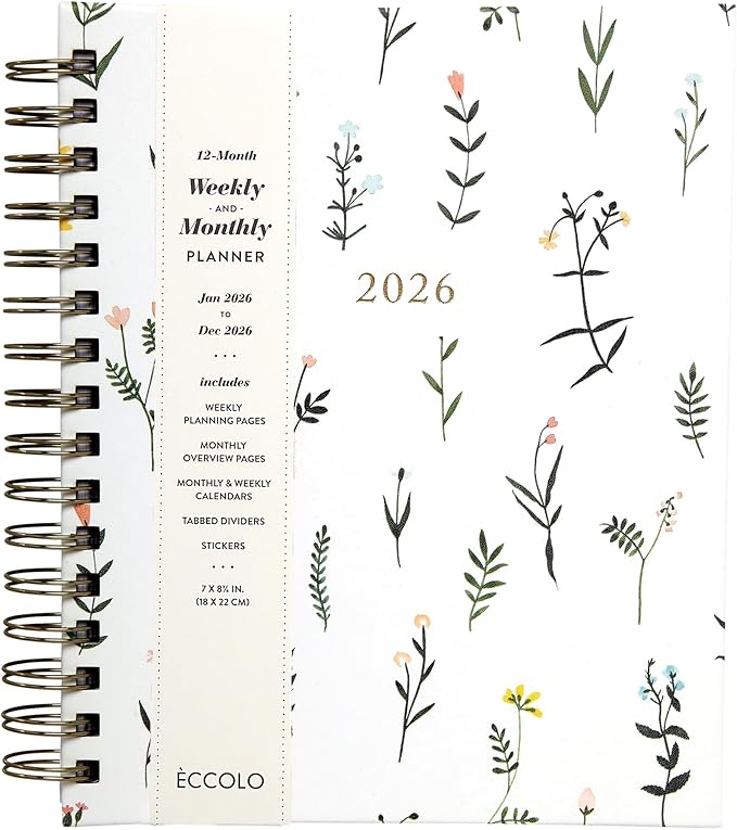 WORLD TRAVELER 2026 Planner Weekly and Monthly - 7'' x 8.75'' Hard Cover January December Spiral Daily Planner 2026 To Do List, Size 7X8.75, White Wild Flower