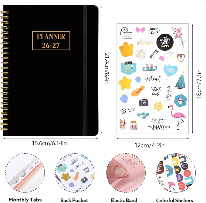 2026-2027 Planner, Weekly and Monthly Planner, July 2026-June 2027, Calendar Planner A5 (6.1" x 8.4") with Tabs, Inner Pocket for Home School Office Supplies, Black